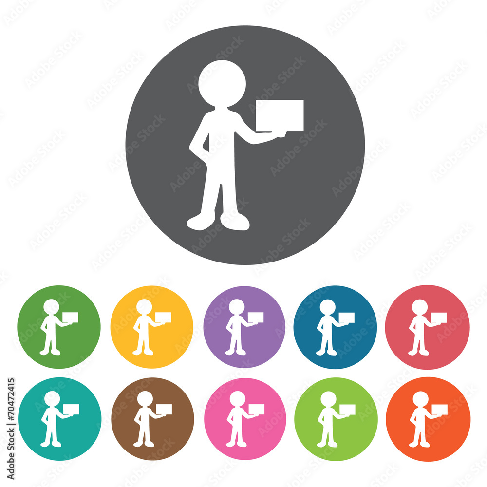 Delivey man holding package icon. Delivery man shipping icon set Delivey man holding package icon. Delivery man shipping icon set