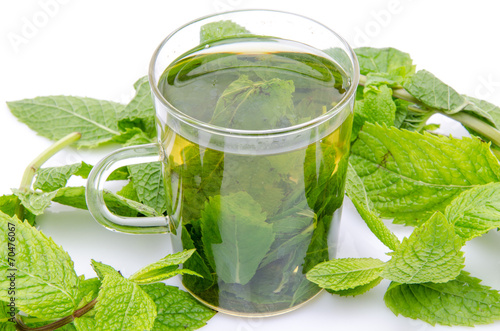 Cup of mint tea in the middle of fresh mint