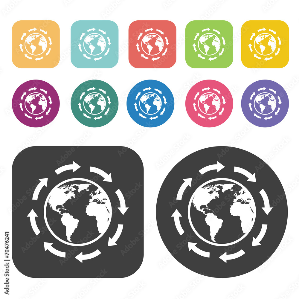 Earth with 8 arrows icon. Globe Earth icon set. Round and rectan