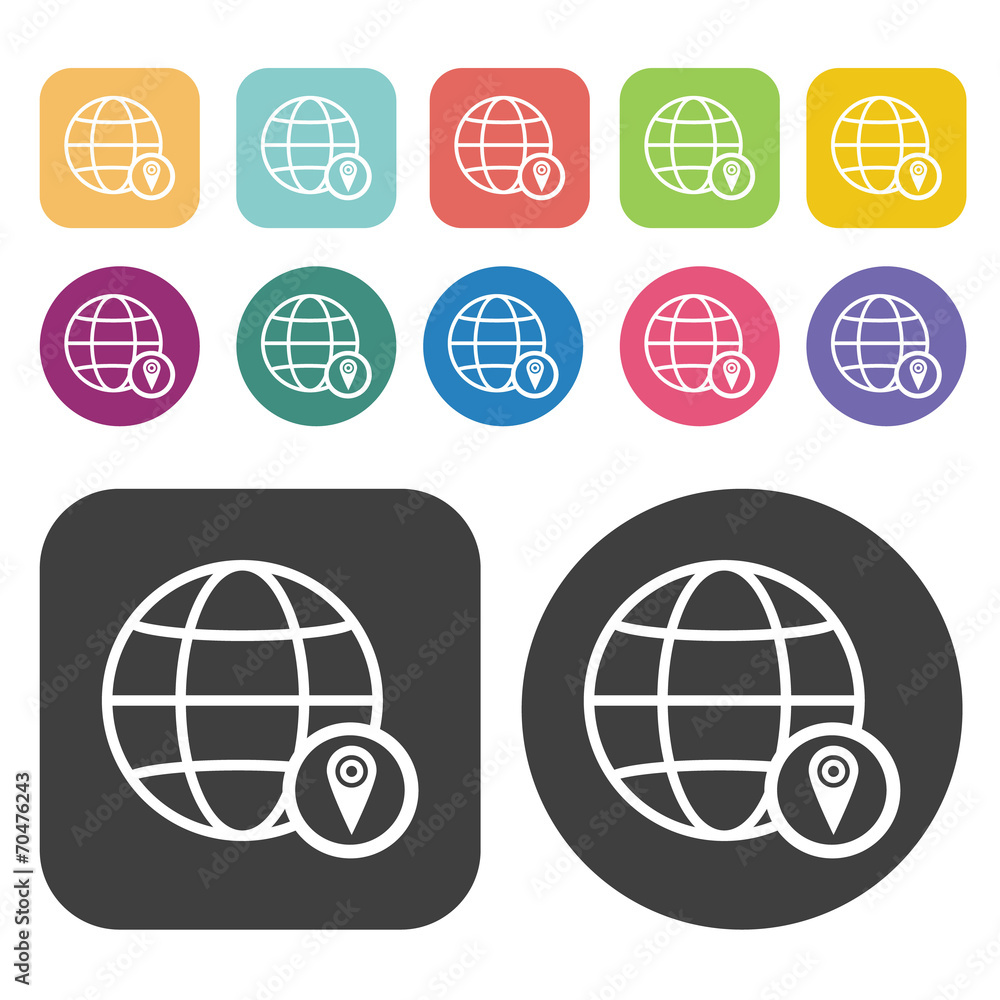 Global Earth with destination point icon. Globe Earth icon set. Global Earth with destination point icon. Globe Earth icon set.