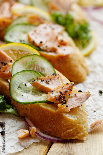 Sandwich with smoked salmon and fresh cucumber