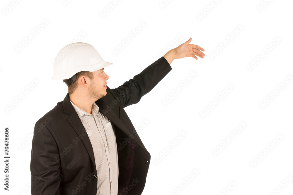 Young Caucasian Male Engineer Showing Something Young Caucasian Male Engineer Showing Something