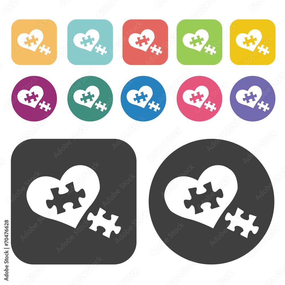 Heart with puzzle icon. Heart icon set. Round and rectangle colo Heart with puzzle icon. Heart icon set. Round and rectangle colo