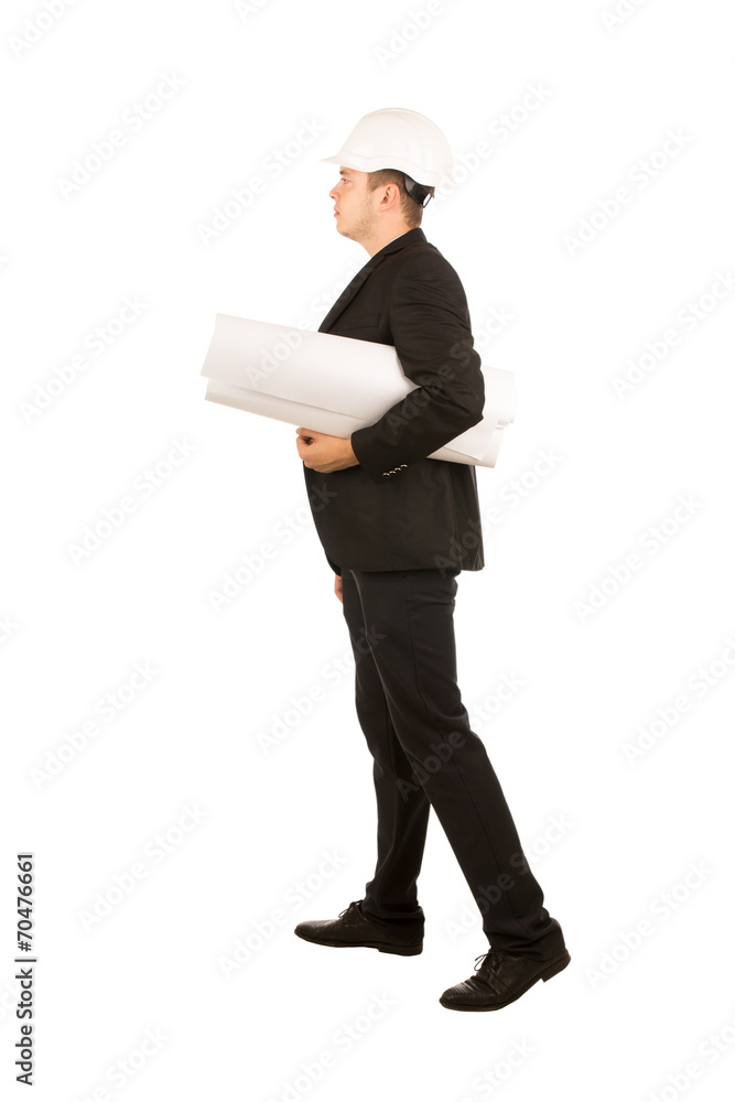 Young Male Engineer Side View Carrying Blueprint Young Male Engineer Side View Carrying Blueprint