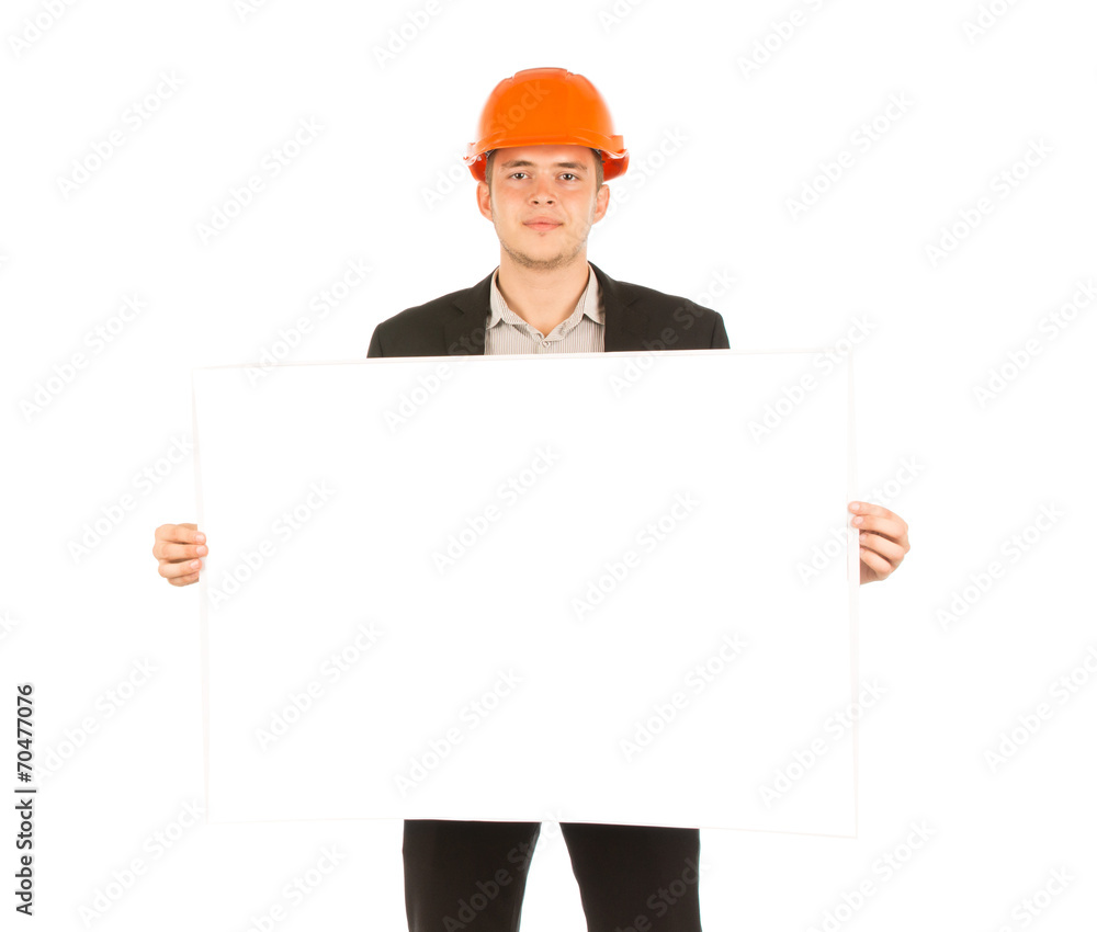 Caucasian Male Engineer Showing Blueprint Paper Caucasian Male Engineer Showing Blueprint Paper