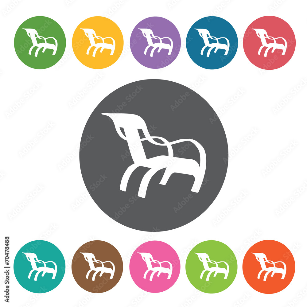 Curved deck chair icon. Modern chairs icons set. Round colourful Curved deck chair icon. Modern chairs icons set. Round colourful