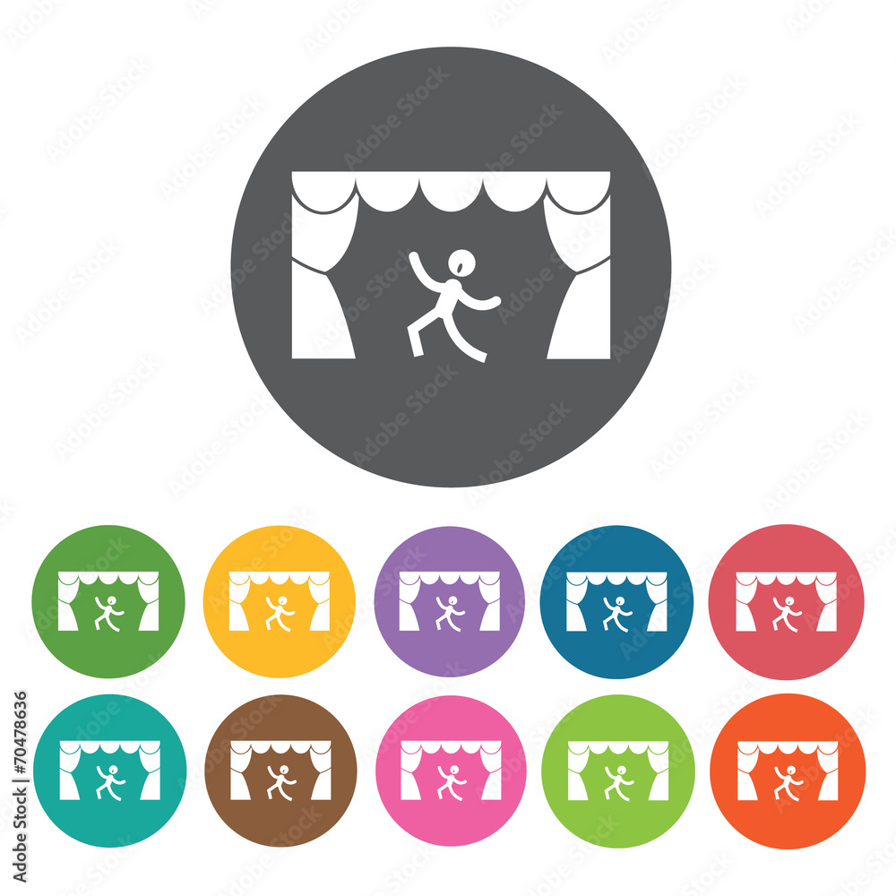 Man singing between theatre curtains icon. Music equipment icon Man singing between theatre curtains icon. Music equipment icon