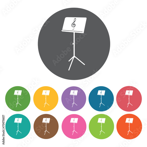 Music sheet on stand icon. Music equipment icon set. Round colou