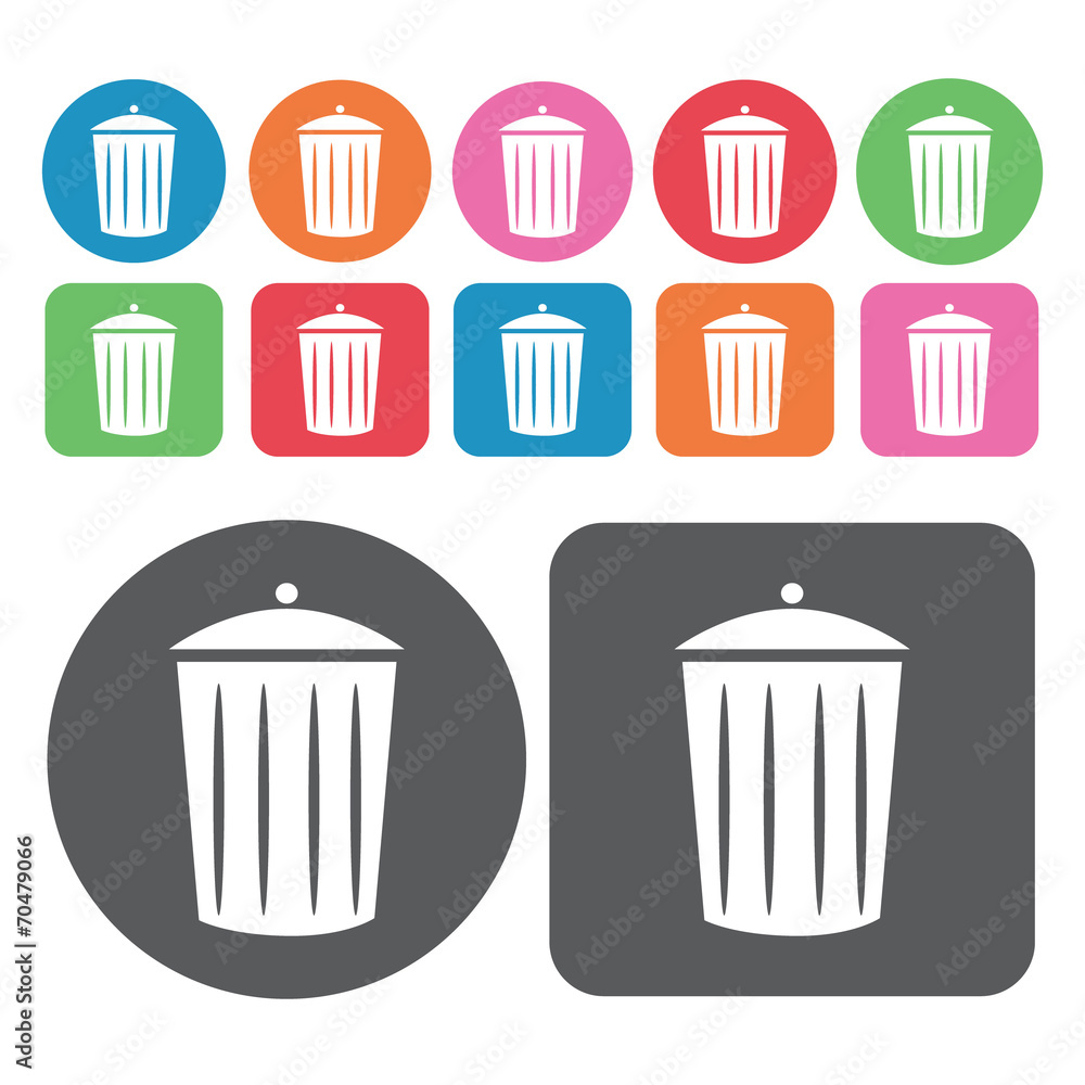 Garbage can with lid icon. Trash can icons set. Round and rectan Garbage can with lid icon. Trash can icons set. Round and rectan