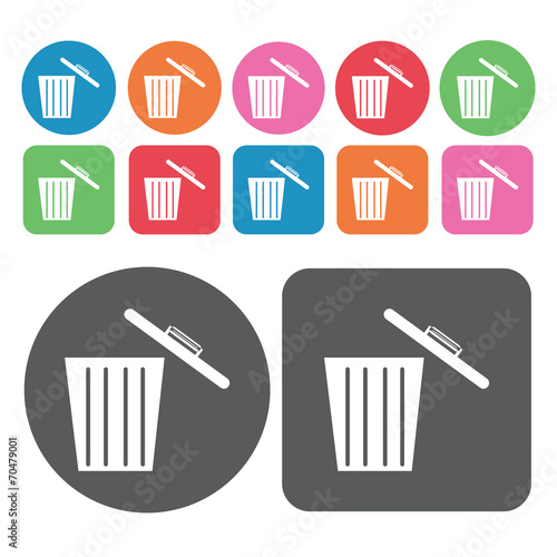Trashcan with open lid icon. Trash can icons set. Round and rect