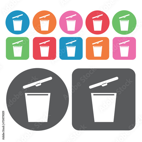 Trashcan with flipped lid icon. Trash can icons set. Round and r