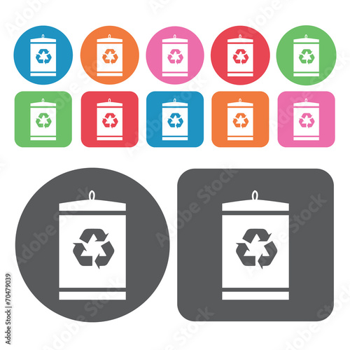 Recycling bin icon. Trash can icons set. Round and rectangle col