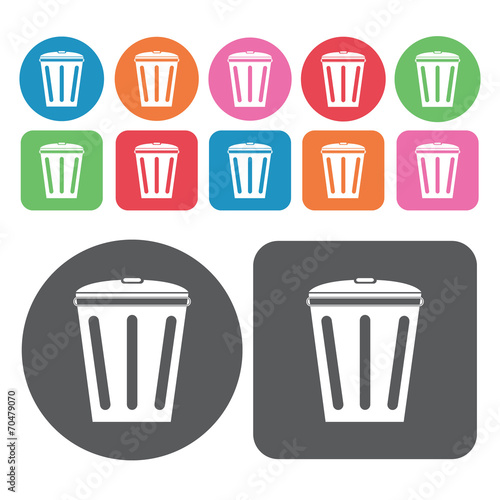 Trapezoid-shaped garbage can with lid icon. Trash can icons set.