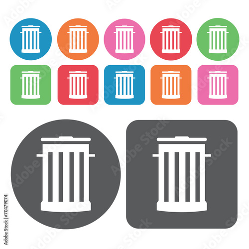 Metal garbage can with lid icon. Trash can icons set. Round and