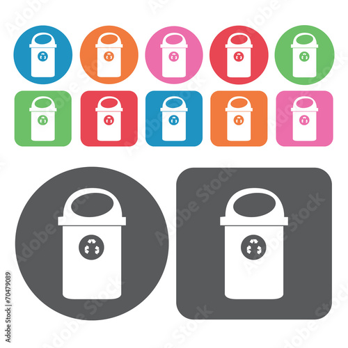 Office recycling bin icon. Trash can icons set. Round and rectan