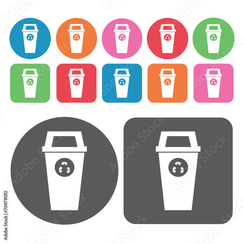 Office recycling bin icon. Trash can icons set. Round and rectan