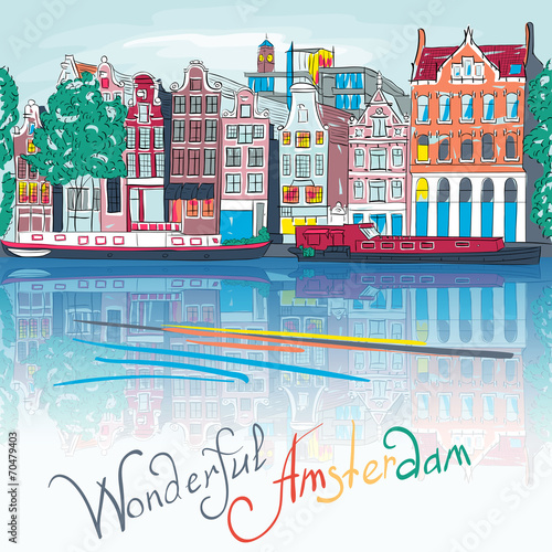 Vector Amsterdam canal and typical houses