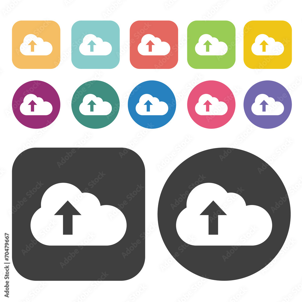 Upload arrow on cloud icon. Upload download sign icons set. Roun Upload arrow on cloud icon. Upload download sign icons set. Roun
