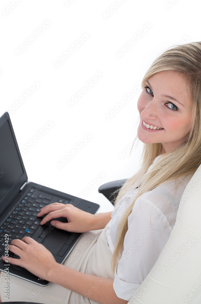 Blond Woman with Laptop Smiling Up at Camera Blond Woman with Laptop Smiling Up at Camera
