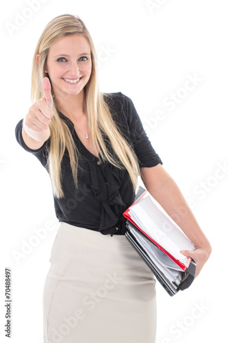 Blond Woman with Notebooks Giving Thumbs Up Sign