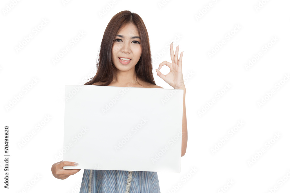 Beautiful Asian woman show OK with blank sign Beautiful Asian woman show OK with blank sign