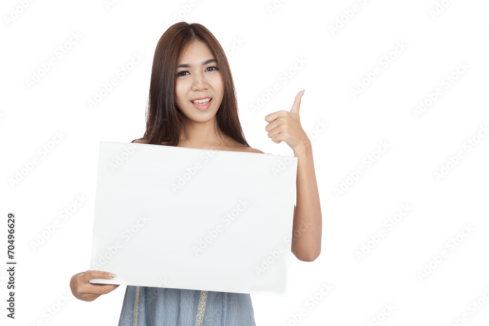 Beautiful Asian woman show thumbs up with blank sign Beautiful Asian woman show thumbs up with blank sign