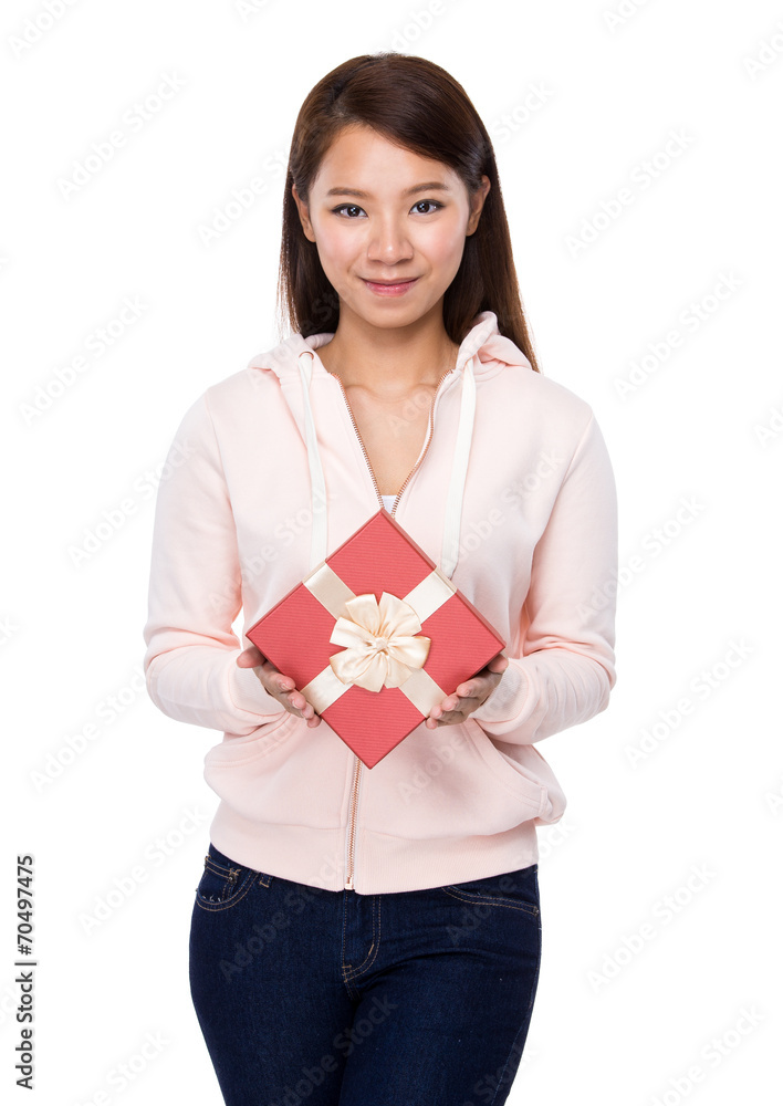 Asian woman hold with red ribbon gift box Asian woman hold with red ribbon gift box