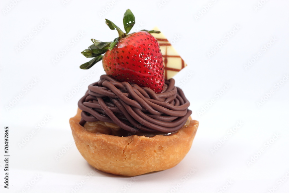 chocolate tart with strawberries decoration.