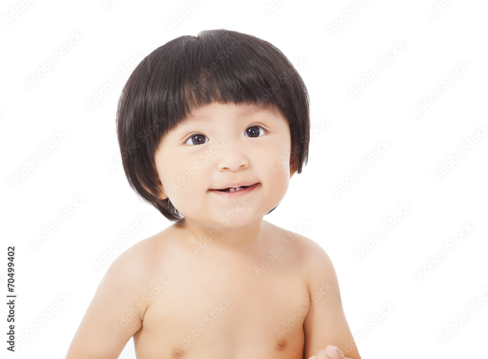 closeup of happy baby looking up. isolated on white background closeup of happy baby looking up. isolated on white background