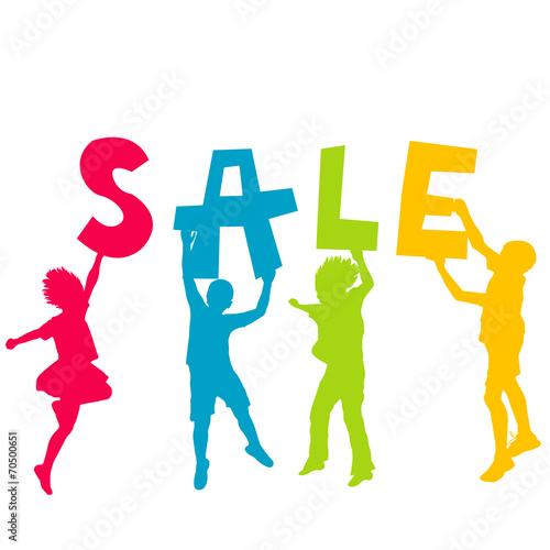 Children silhouettes holding letters with message SALE in the ha