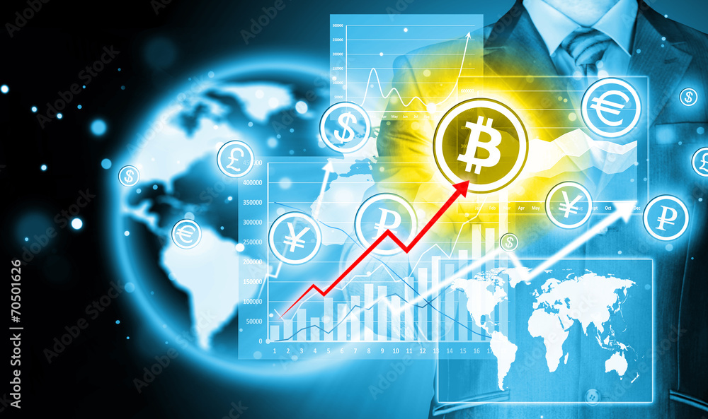 Obraz premium Choosing bitcoins, businessman pressing touch screen button.