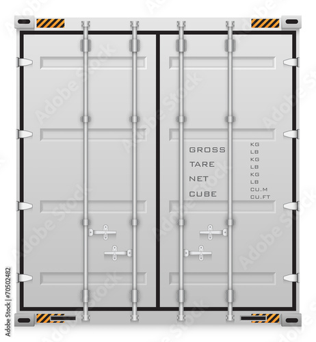 Cargo container vector isolated on white background. Metal box or equipment for storage at dock, port, warehouse. Freight transport by ship, crane, trailer truck for shipping, import export business.