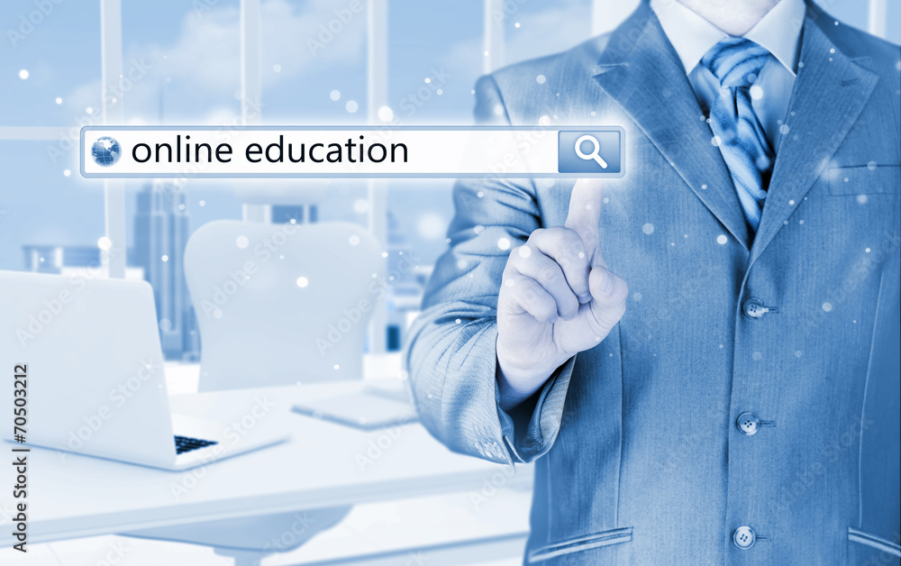 Online education written in search bar on virtual screen. Online education written in search bar on virtual screen.