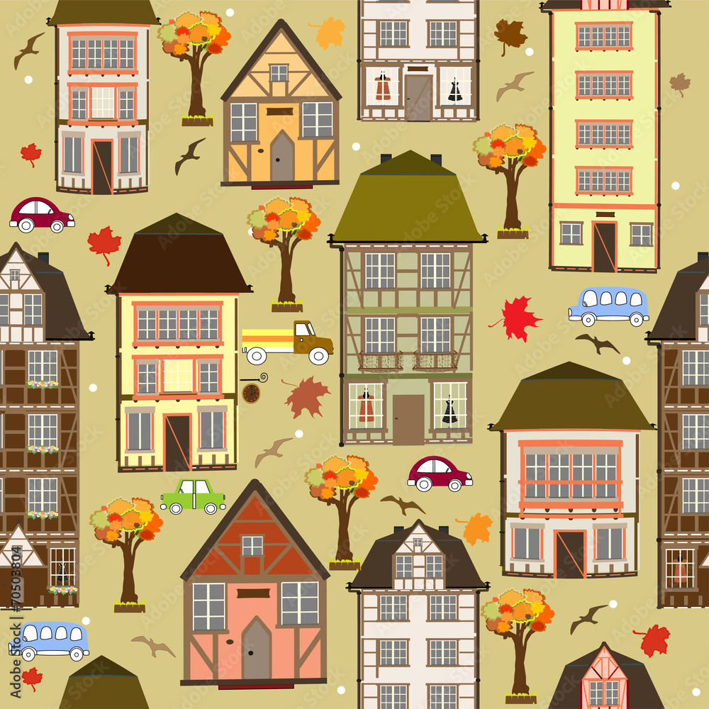 Seamless pattern with autumn city