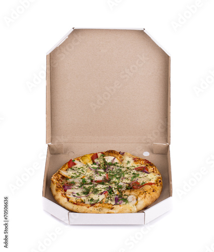 Pizza in box.