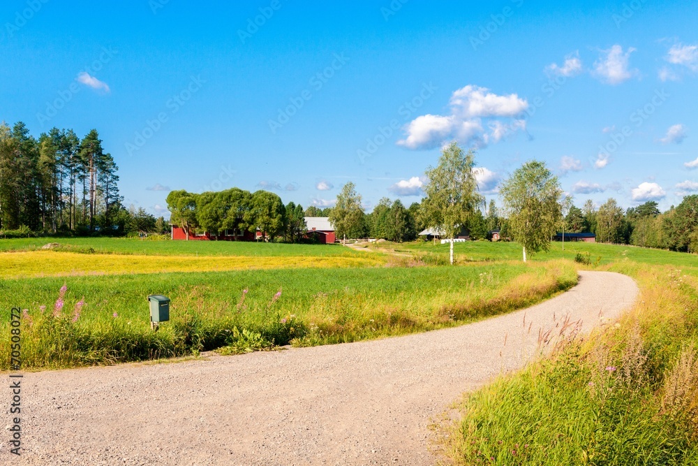 red houses in a rural landscape