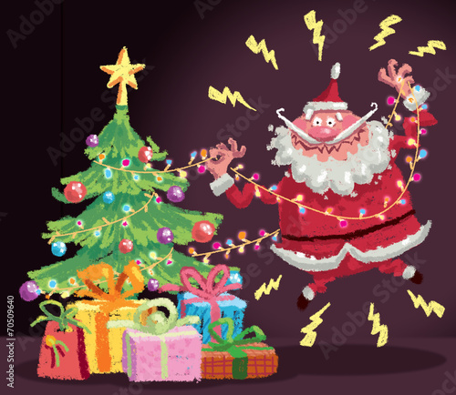Cartoon Santa Claus having an electric shock accident at christm