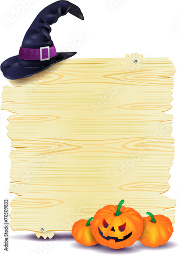 Halloween signboard with pumpkins and hat