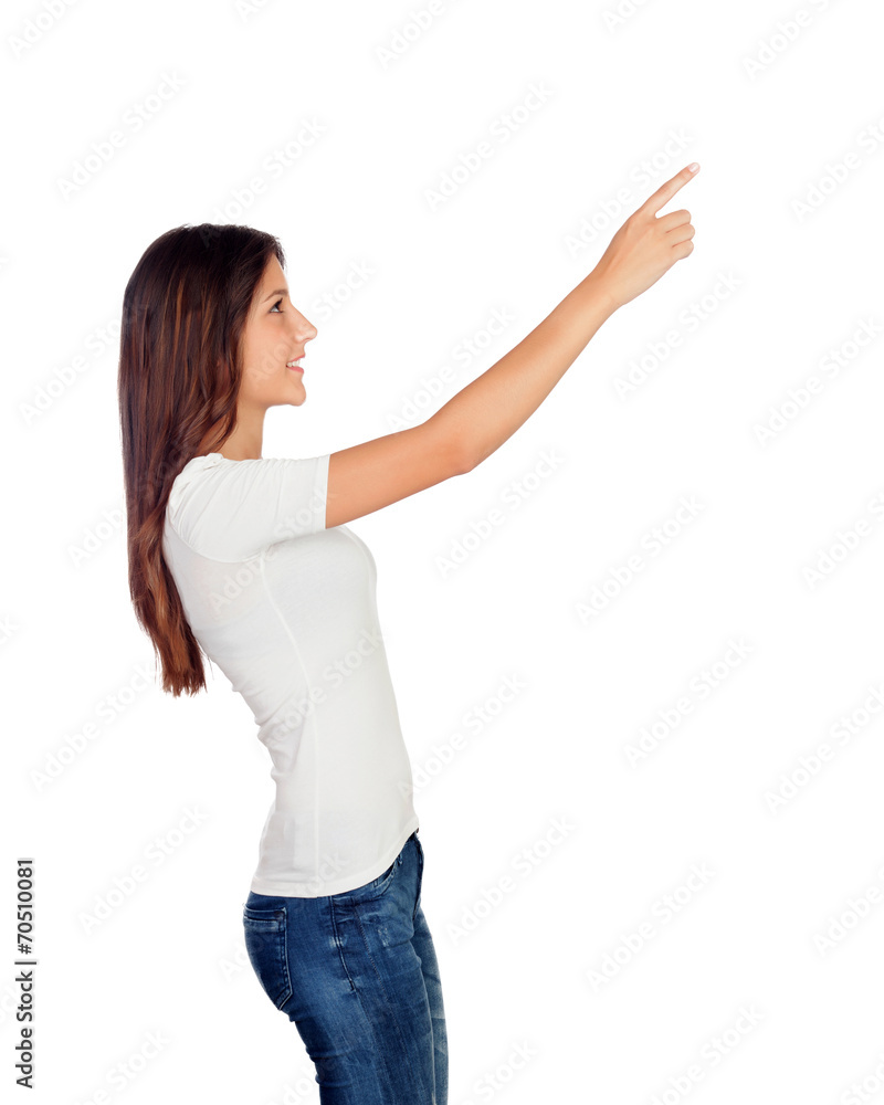 Casual young girl pointing something at side Casual young girl pointing something at side