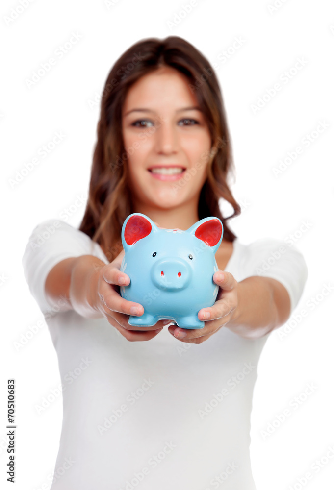 Attractive casual girl with a blue moneybox Attractive casual girl with a blue moneybox