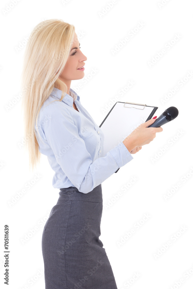 female reporter with microphone and clipboard isolated on white female reporter with microphone and clipboard isolated on white
