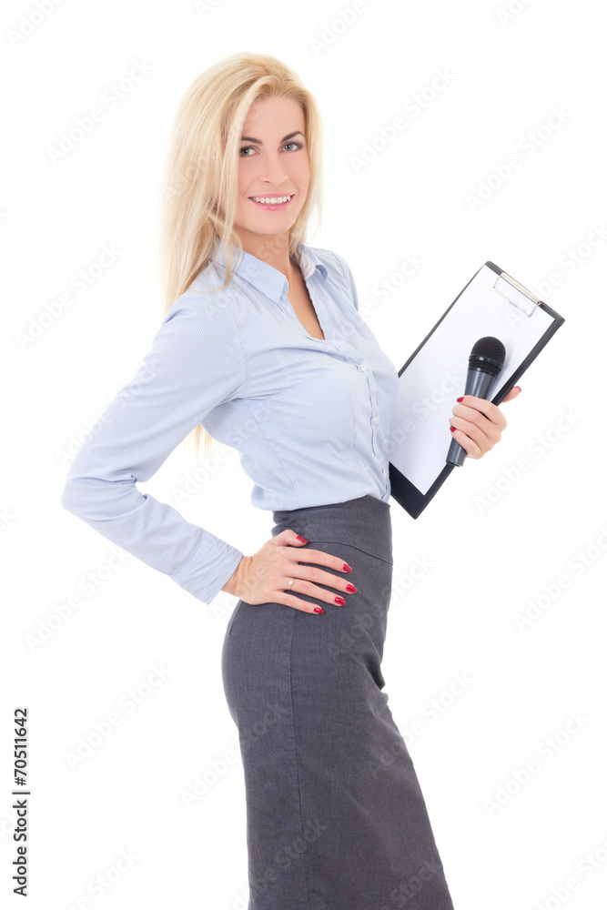 young female reporter with microphone and clipboard isolated on young female reporter with microphone and clipboard isolated on