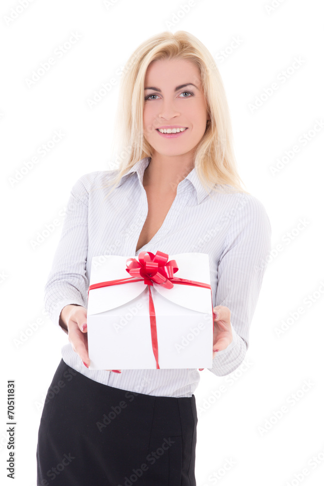 business woman with gift box isolated on white business woman with gift box isolated on white