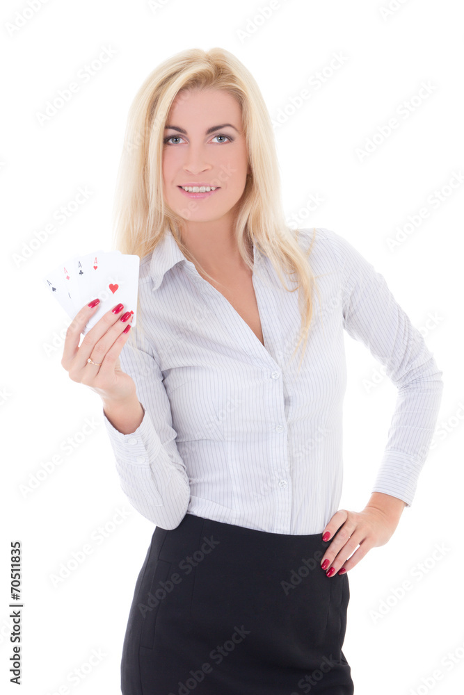 business woman with playing cards isolated on white business woman with playing cards isolated on white