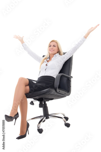 young business woman sitting in office chair and celebrating suc