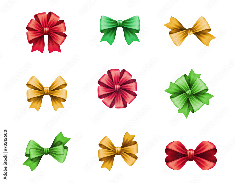 set of festive bows isolated on white background, gift design elements, Christmas decor illustration