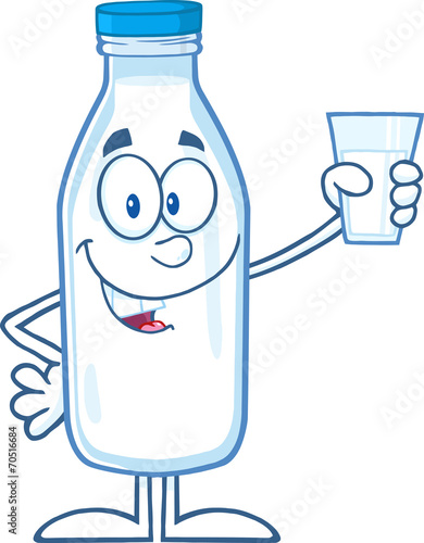 Smiling Milk Bottle Cartoon Character Holding A Glass With Milk
