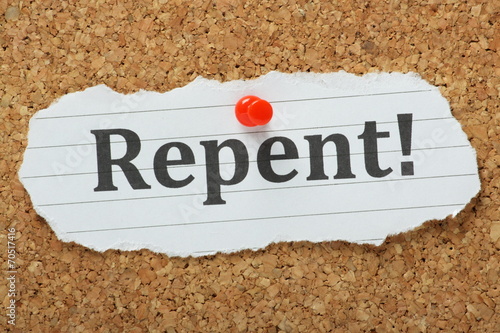 Tela The word Repent on a cork notice board