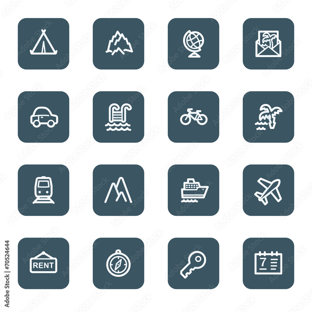 Travel web icon set 1, navy square buttons Travel web icon set 1, navy square buttons
