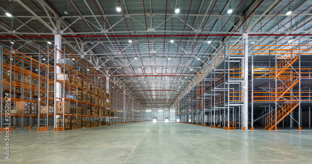 Big automated warehouse, panorama of modern rack system and shelvings - obrazy, fototapety, plakaty 